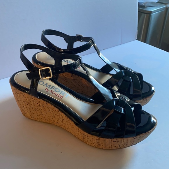 🆕 Black Patent Cork Wedged Strappy Patform Heels !!! - Picture 10 of 16